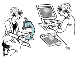 Drawing of two female researchers using a computer and a microscope