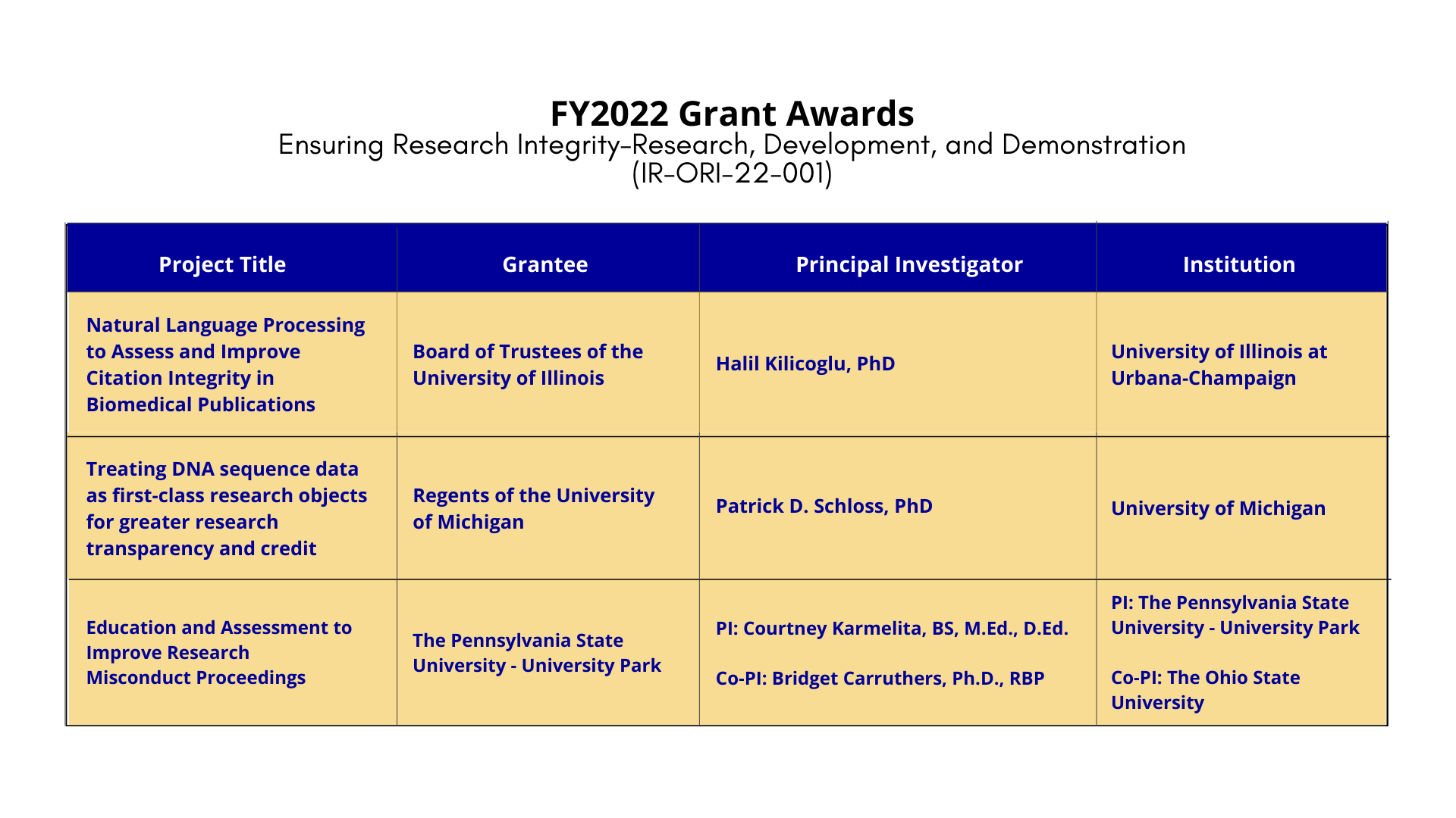 This is a table showing the name of each project, the name of each grantee, the name of each Principle Investigator on the project, and the name of each institution associated with the funded project.