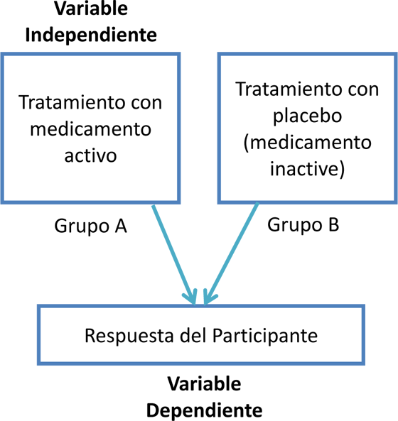 Variable Independiente: Tratamiento con medicamento activo (Grupo A), Tratamiento con placebo (medicamento inactive) (Grupo B), Variable Dependiente: Respuesta del Participante